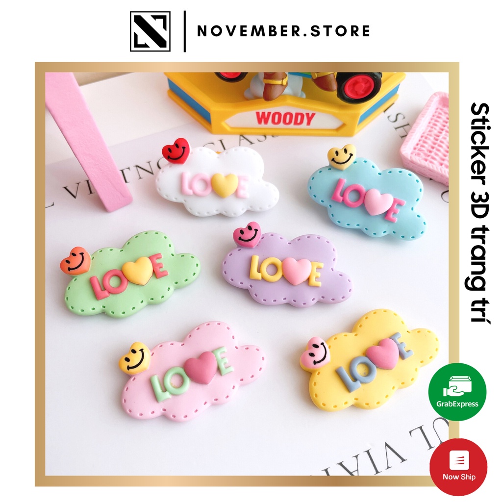 Sticker 3D / charm 3D trang trí ốp điện thoại, bình nước, sổ tay,... hình đám mây Love sắc màu  - Có sẵn miếng dán