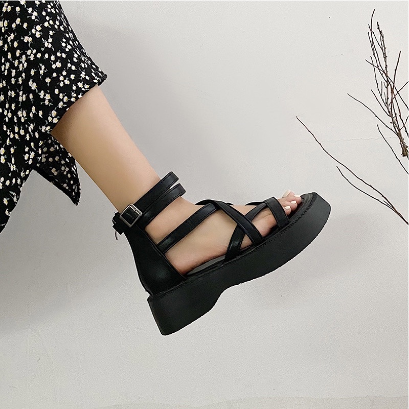 Giày Sandal Da Quai Chéo Cổ Cao Có Khoá Sau Đế Bánh Mì Phong Cách Mùa Hè 2023