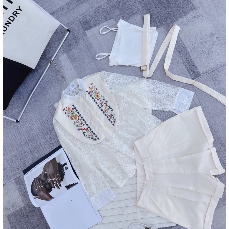 SET ÁO REN HOA THÊU NỔI + SHORT NUDE