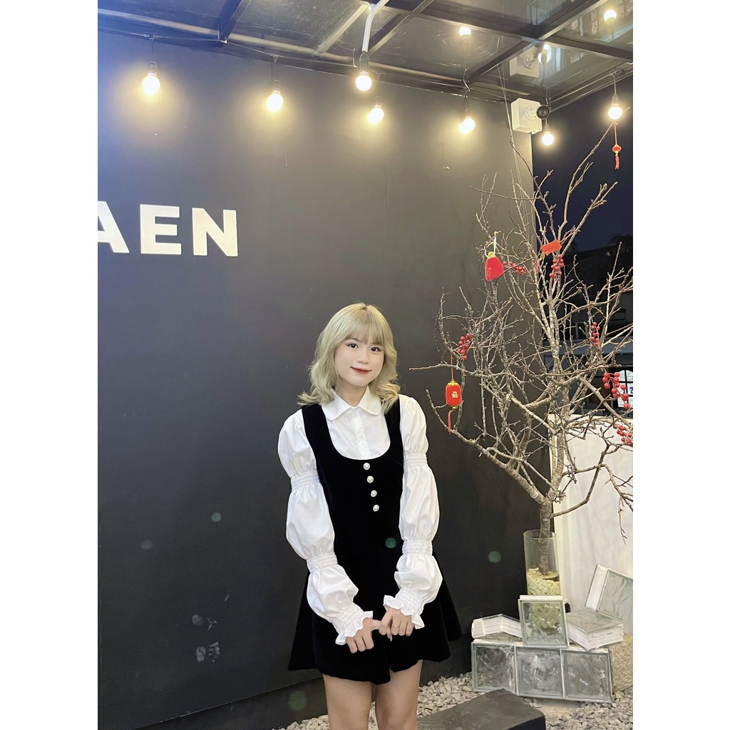 VÁY NHUNG ĐEN KÈM ÁO SƠ MI TRẮNG