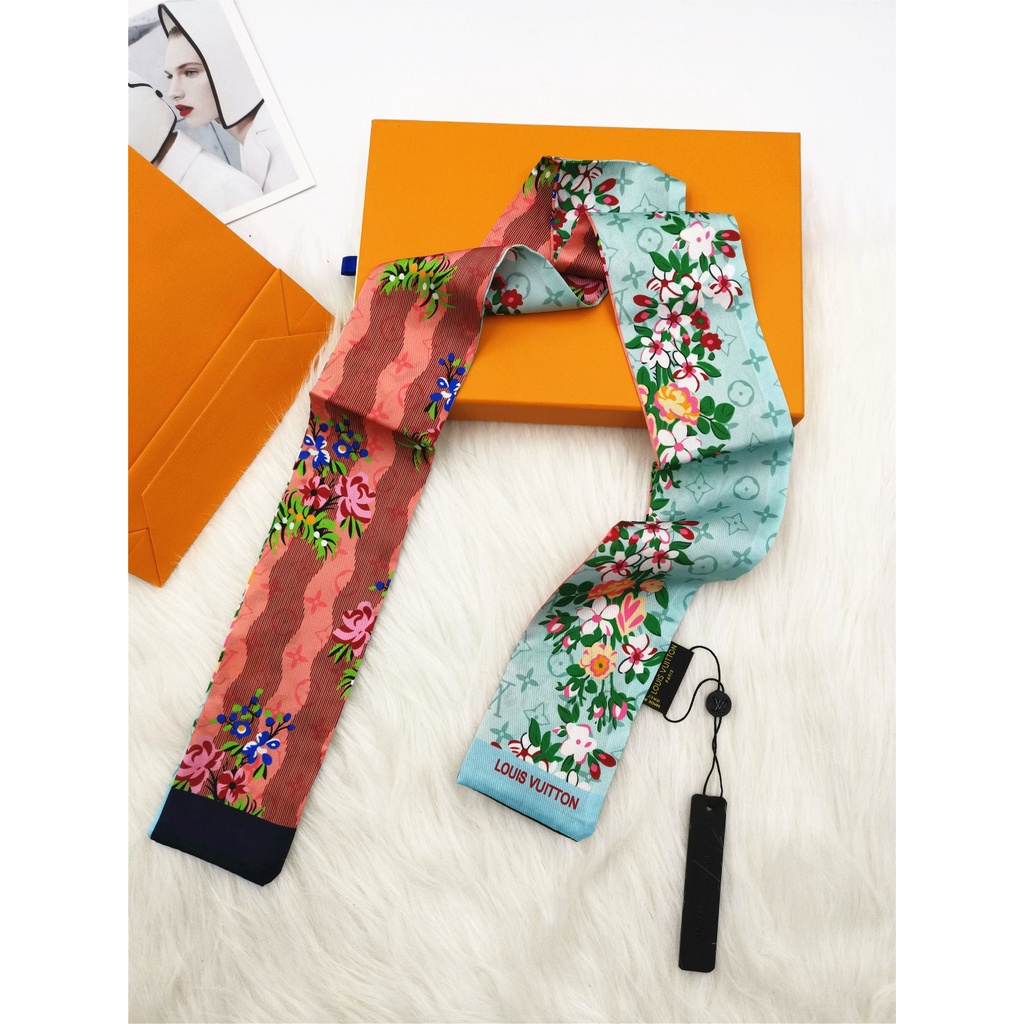 Khăn lụa ruy băng màu xanh dương xanh lá họa tiết hoa dùng đội đầu/ cột túi xách thiết kế thương hiệu cao cấp thời trang 2023