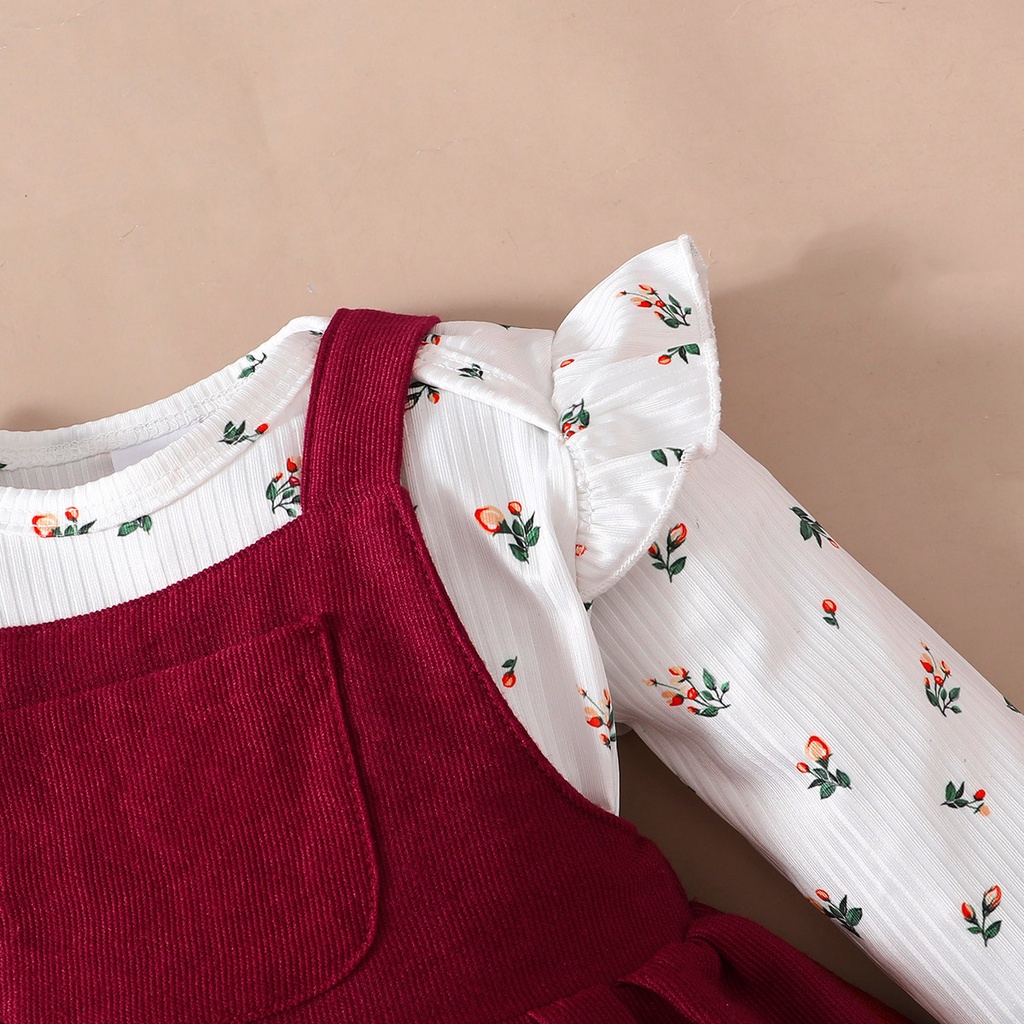 Bộ Váy Cho Bé Mikroo Baju Cho Bé Gái 0-24 Tháng 2PICS Cotton-Polyester Phối Vải In Hoa Body + Đầm Công Chúa Màu Đỏ Trơn Mặc Thường Ngày