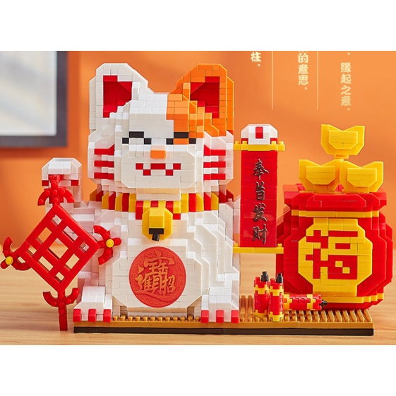 Lắp ráp mô hình le go mèo thần tài, HỔ CON múa Kỳ Lân, Kỳ Lân vui tết trung thu cho bé. decor bàn làm việc