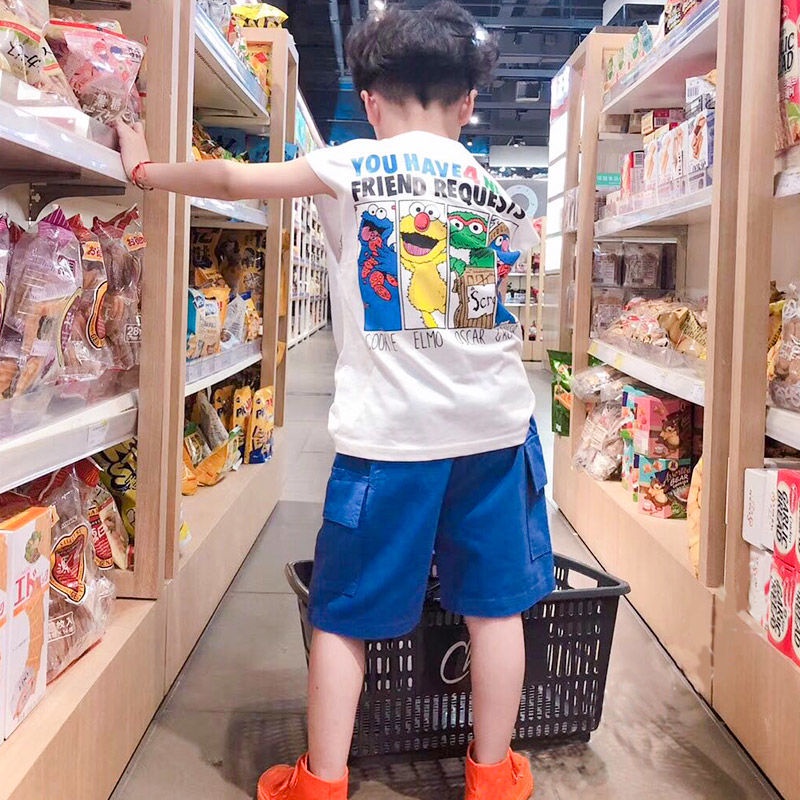 Bộ Áo Thun Cotton Ngắn Tay + Quần Short In Họa Tiết Hoạt Hình Phong Cách Hàn Quốc Thời Trang Mùa Hè Cho Bé Trai