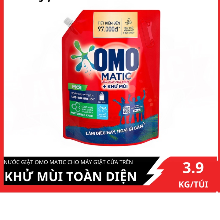 Nước giặt OMO Matic cho máy giặt cửa trên giúp quần áo sạch bẩn khử mùi toàn diện, túi 3.9kg (chiết)