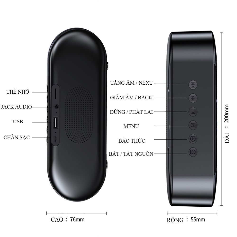 Loa bluetooth mini không dây đa năng tích hợp loa kép bass cực chất, thẻ nhớ, báo thức màn hình led full HD. BH 2 năm | BigBuy360 - bigbuy360.vn