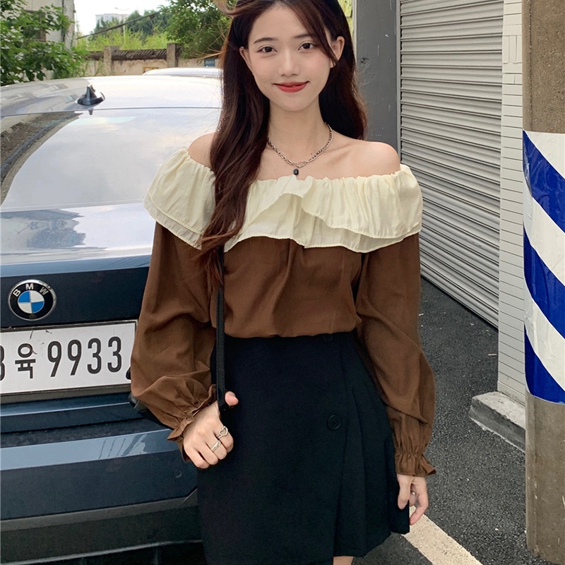 IELGY Áo Kiểu Trễ Vai Phối Bèo Phong Cách Pháp Thời Trang Cho Nữ