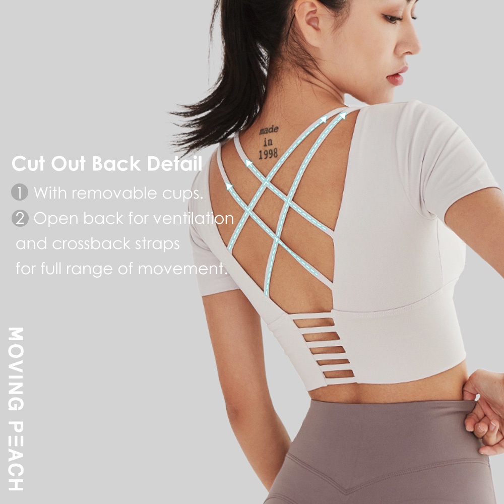 MOVING PEACH Áo thun thể thao croptop tay ngắn có đệm ngực thời trang yoga dành cho nữ ATH