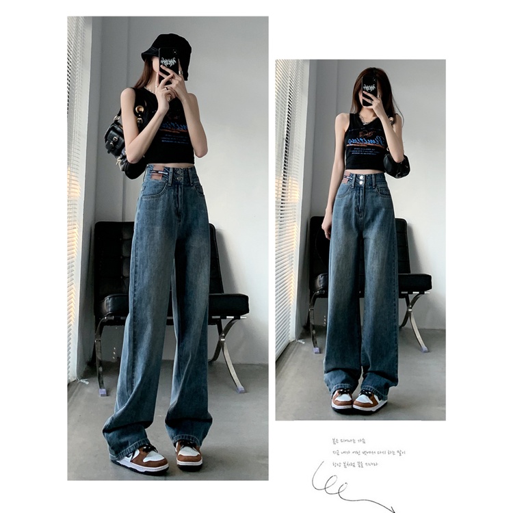 Quần Denim Ống Rộng Lưng Cao Thời Trang Hàn Quốc Độc Đáo