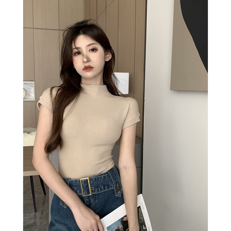 QKOOLE Áo thun  cotton cổ cao tay ngắn ôm dáng màu trơn thời trang mùa hè quyến rũ dành cho nữ