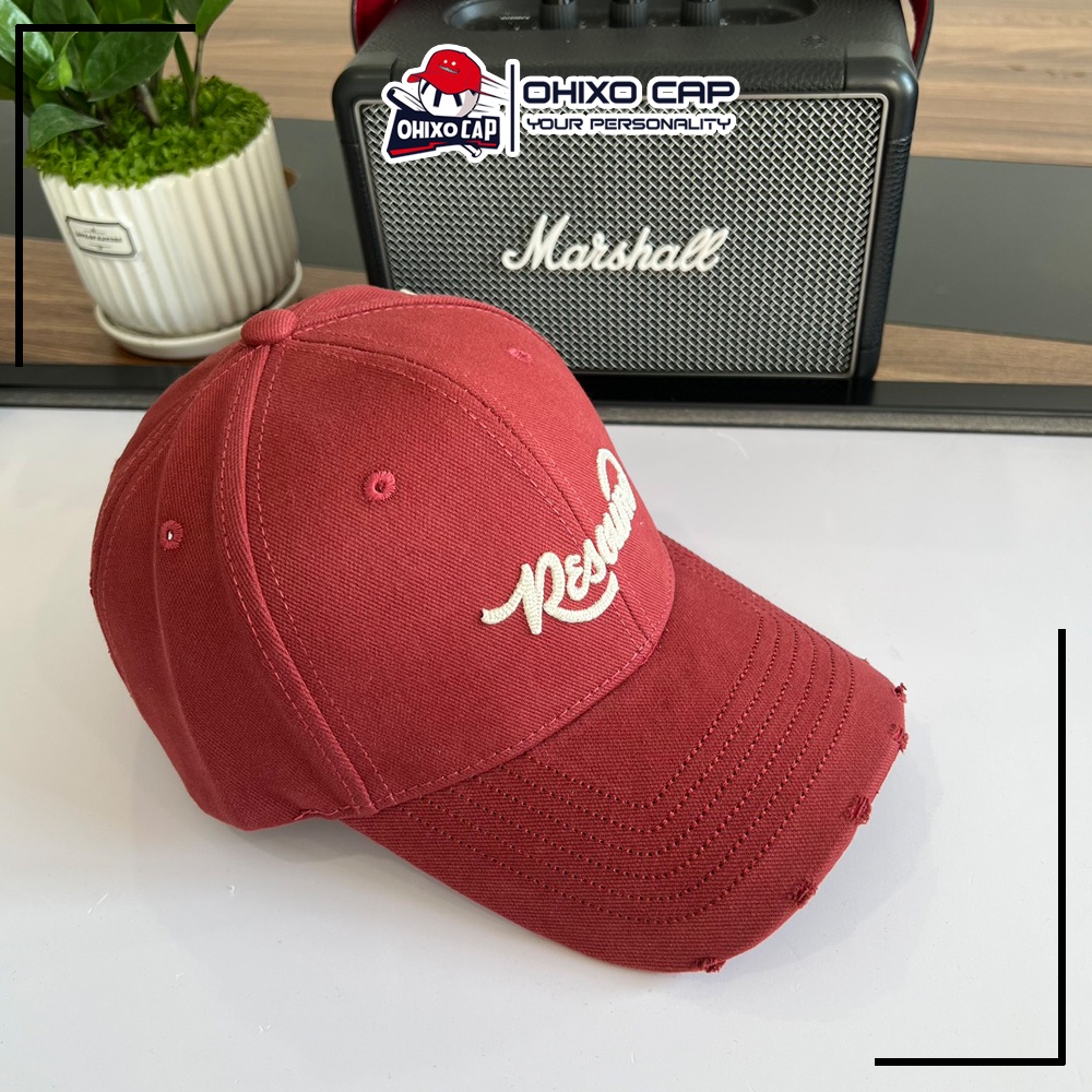 Mũ lưỡi trai rách nón kết cào xước màu đỏ đô thêu logo nổi resound hàng cao cấp siêu dày dặn hotrend 2023 LT41
