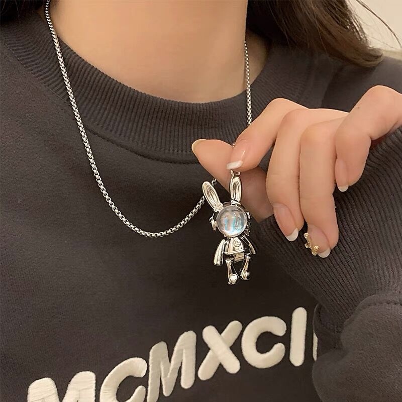 Vòng cổ Mặt Hình Thỏ Bằng Thép Không Gỉ Đính Đá Mặt Trăng Phong Cách Rock Cho Nam Và Nữ