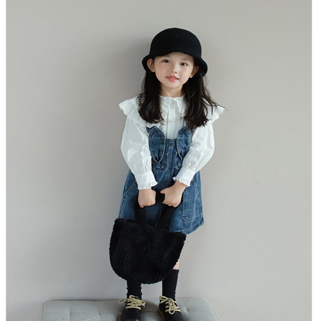 Bộ Áo Sơ Mi Tay Dài Cổ Lá Sen + Váy Yếm Denim Phong Cách Hàn Quốc Thời Trang Xuân Hè 2023 Mới Cho Bé Gái