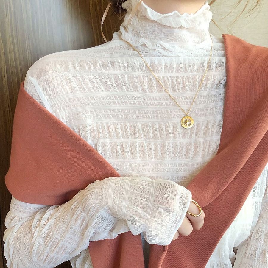 COZOK Áo Thun Dài Tay Cổ Cao Phối Ren Xinh Xắn Dành Cho Nữ