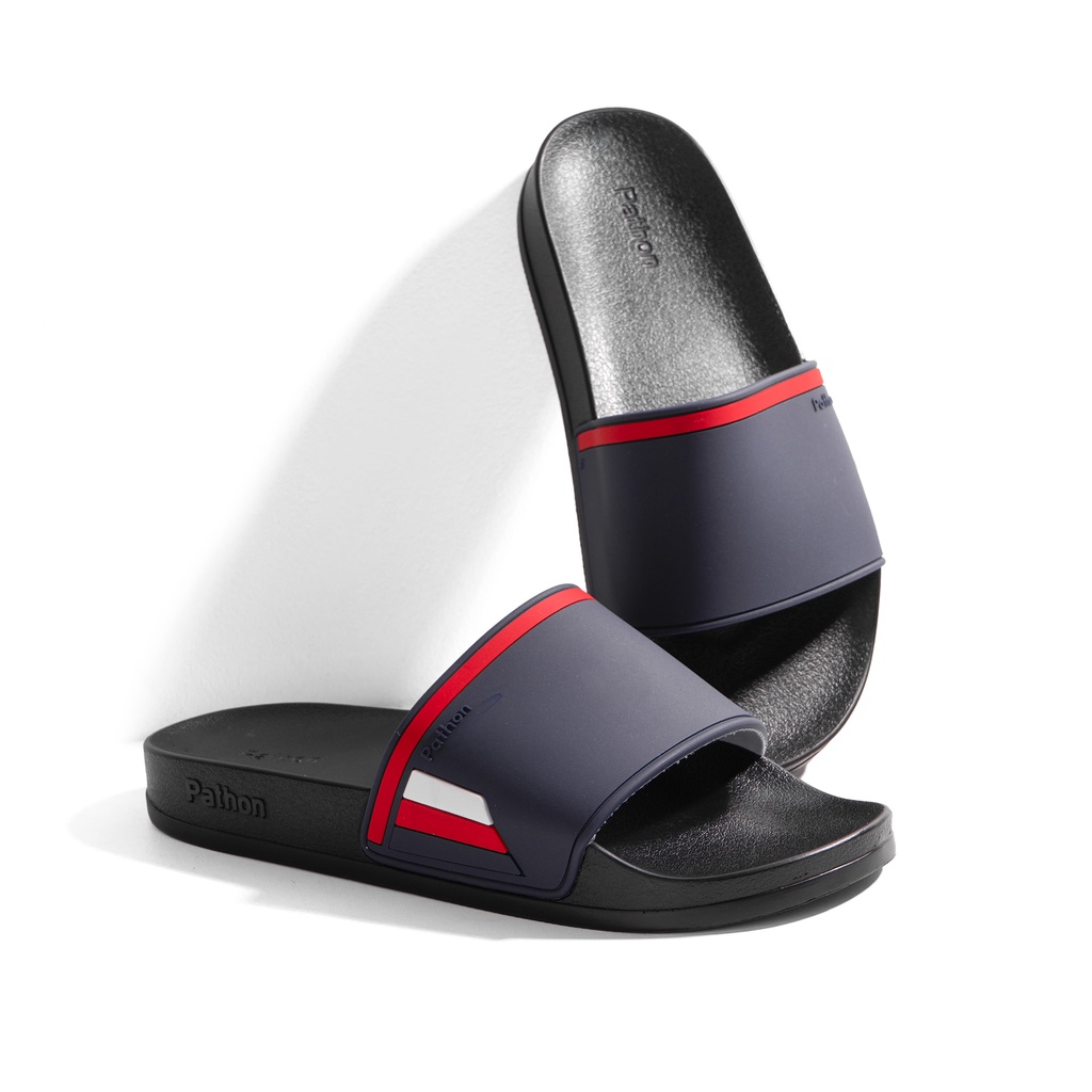 Dép nam nữ quai ngang slipper Pathon quai PVC và đế PU đen quai xanh đen kẻ đỏ trắng SD119