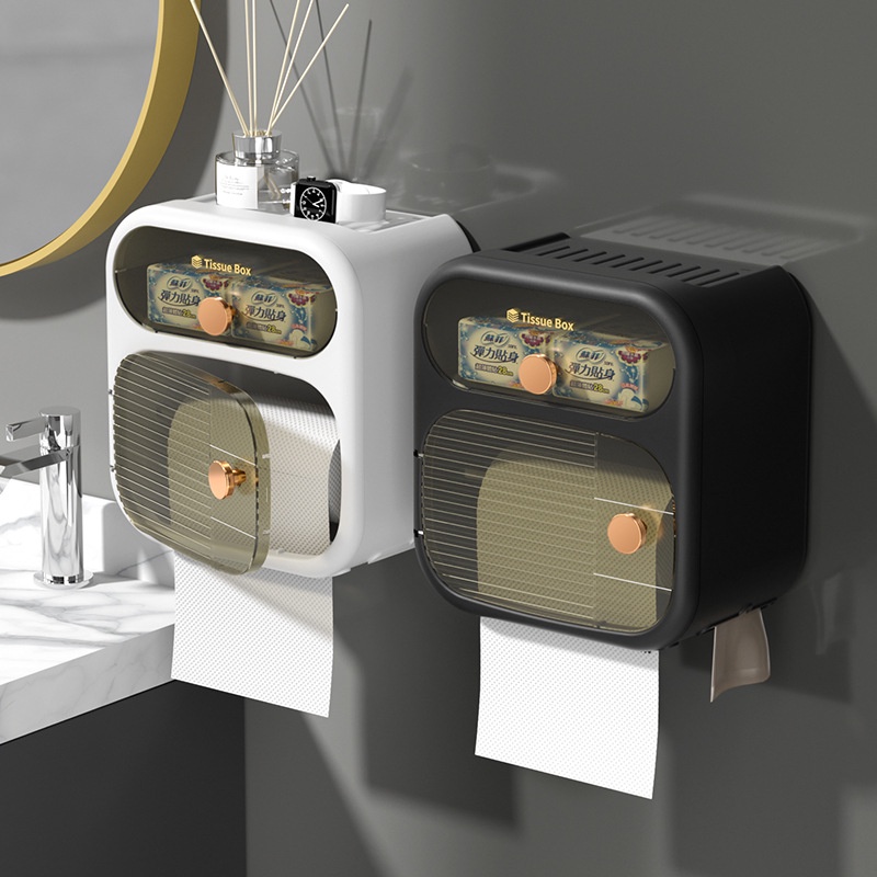 Hộp Đựng Giấy Vệ Sinh Gắn Tường Kèm Giá Đỡ Khăn Giấy Và Kệ Để Điện Thoại (Kèm 1 Miếng Dán)