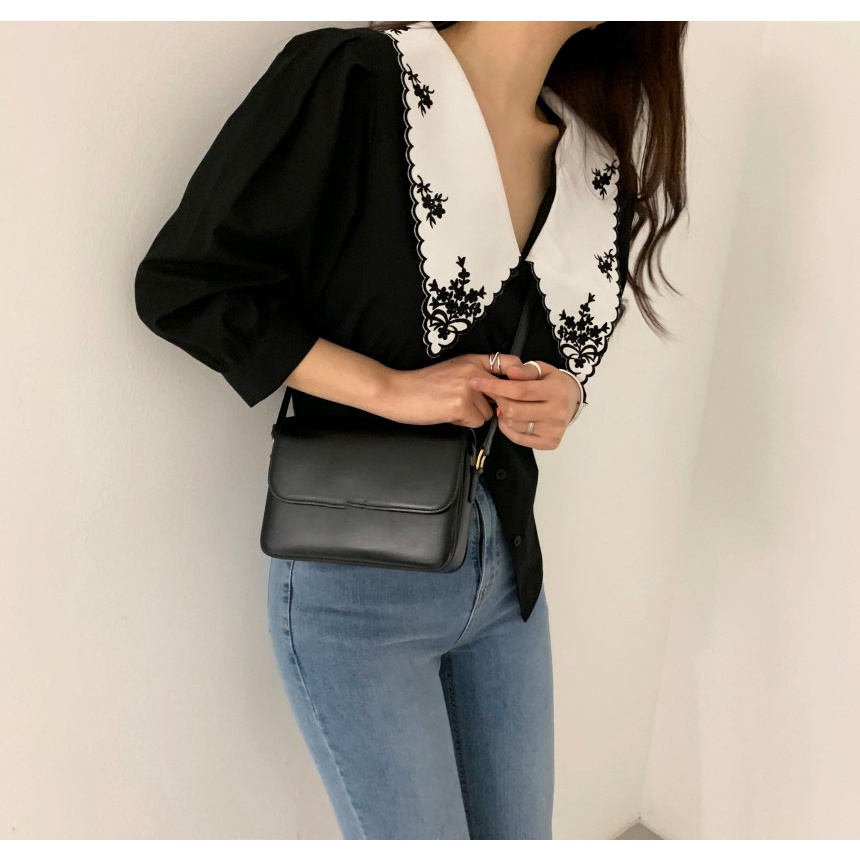 Áo Sơ Mi Tay Phồng Thêu Họa Tiết Phong Cách Retro Hàn Quốc