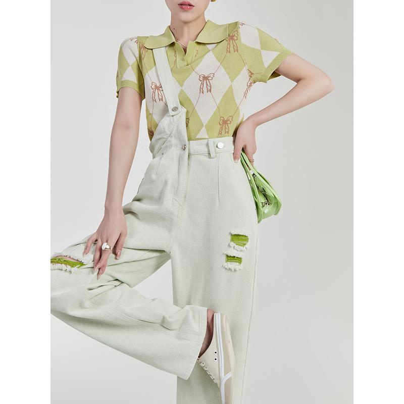 Bán Chạy @ Quần Yếm Denim Rách Màu Xanh Lá Cây Cổ Điển Thiết Kế Cạp Cao Một Dây Đeo Vai Mỏng Dễ Phối Đồ @ -