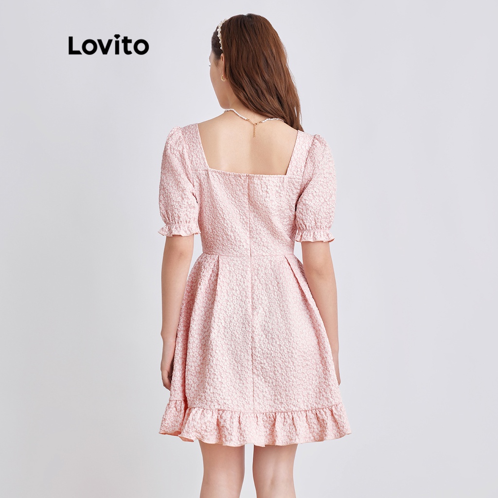 Đầm midi Lovito cổ vuông họa tiết hoa diềm viền xếp nếp phong cách lãng mạn cho nữ L44AE011 (hồng san hô)