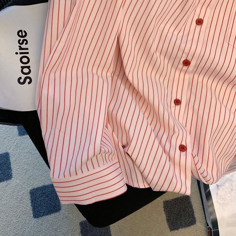 Áo Sơ Mi Tay Dài Dáng Rộng Cổ polo Họa Tiết Kẻ Sọc Màu Hồng Phong Cách Preppy Thời Trang Mùa Xuân Mới Cho Nữ