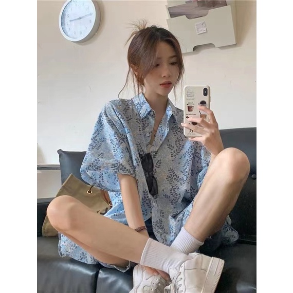 Áo Sơ Mi Tay Ngắn Dáng Rộng In Hoa Phong Cách Vintage Mới