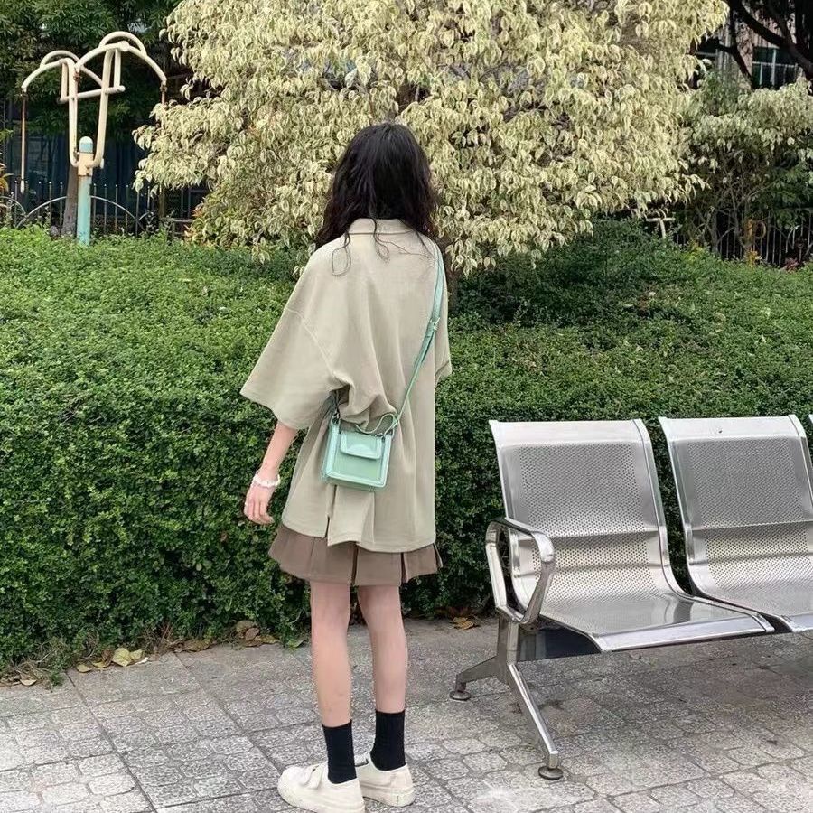 Set Áo Thun Polo Ngắn Tay Và Chân Váy Xếp Ly Phong Cách Harajuku Thời Trang Cho Nữ