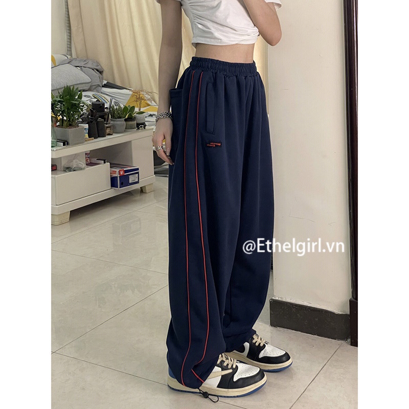 Ethelgirl Quần Thể Thao Ống Rộng Kẻ Sọc Phong Cách retro Mỹ Cho Nữ