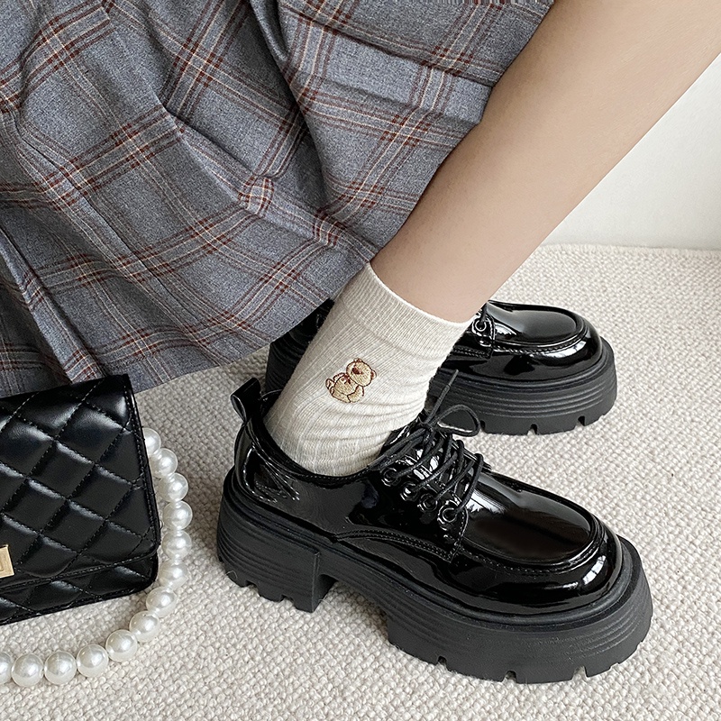 Giày Da Gót Dày Buộc Dây Kiểu Nhật Bản Dễ Thương Cho Bạn Gái