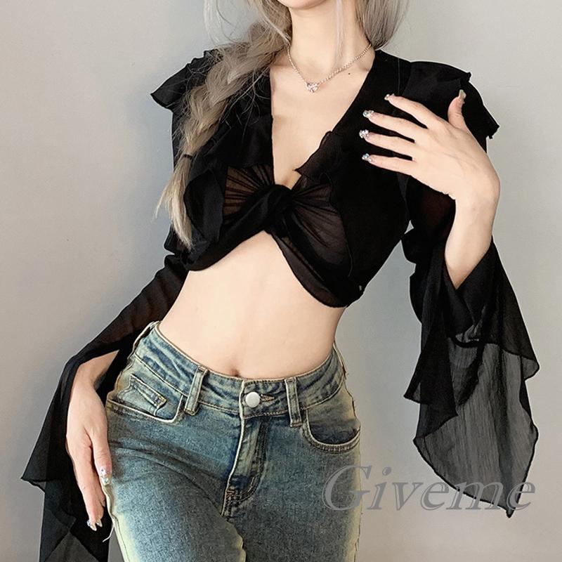 Áo Crop Top Lưới Tay Dài Màu Trơn Nhìn Xuyên Thấu Trang Trí Mùa Xuân Cho Nữ