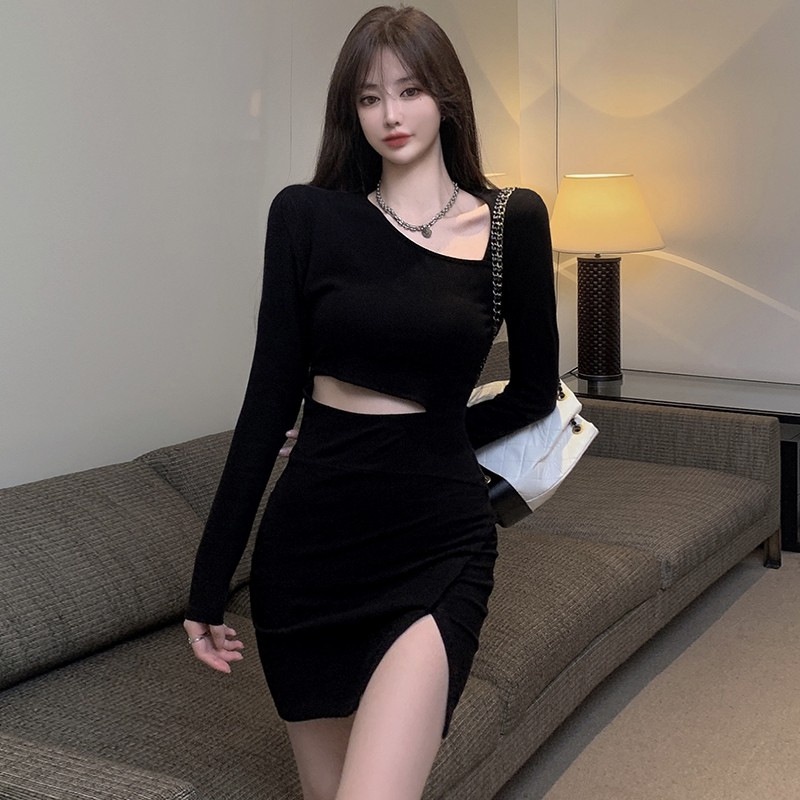 Neeeh Đầm Ôm Eo Tay Dài Cổ Chéo Gợi Cảm Phong Cách Mới Cho Nữ