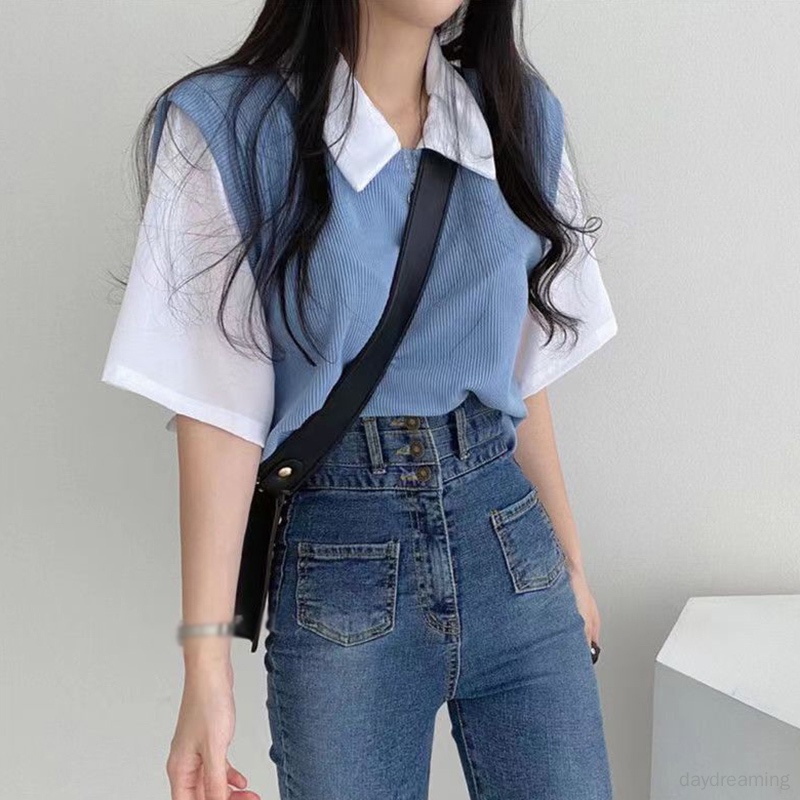 Áo Thun Tay Ngắn Dáng Rộng Giả Hai Lớp Màu Sắc Tương Phản Thời Trang Dành Cho Nữ