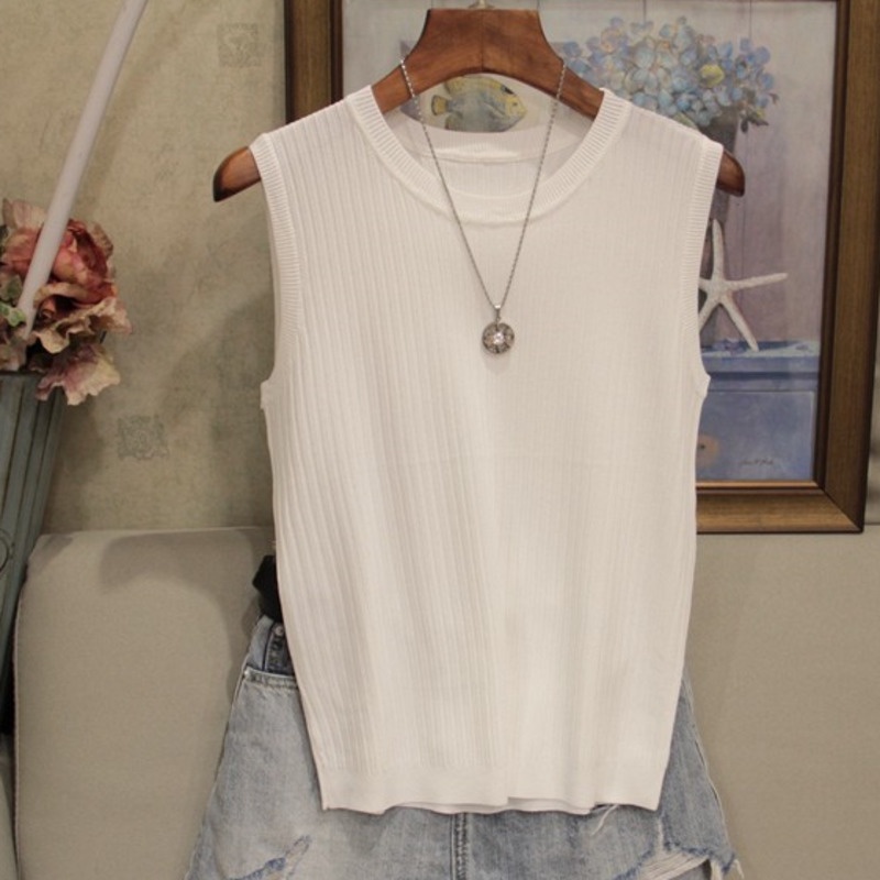 Áo Dệt Kim Sát Nách Cổ Tròn Màu Trơn Đơn Giản Dễ Phối Đồ Thời Trang Mùa Hè