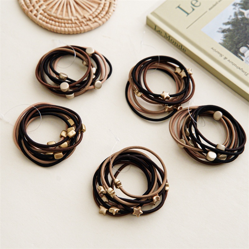 Set 10 Dây Cột Tóc Màu Cà Phê Sữa Hình Tròn / Vuông Đơn Giản Thời Trang Cho Nữ