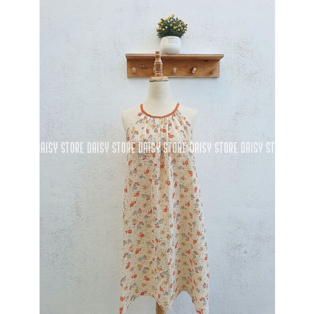 Đầm thiết kế xô muslin yếm 2 dây hot hit vintage