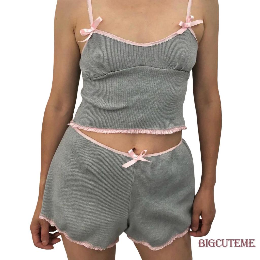 [] - Set Đồ 2 Món Gồm Áo Hai Dây Spaghetti Hai Dây Thắt Nơ Eo Co Giãn Phối Quần Short Lưng Thun