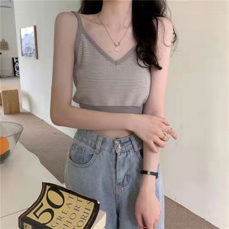 Áo Lửng Không Tay Cổ Chữ V Họa Tiết Kẻ Sọc Màu Sắc Tương Phản Thời Trang Mùa Hè Dành Cho Nữ