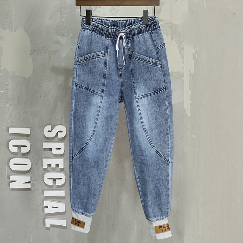 Quần Jean Dài Dáng Rộng Eo Chun Giản Dị Thời Trang Dành Cho Nữ