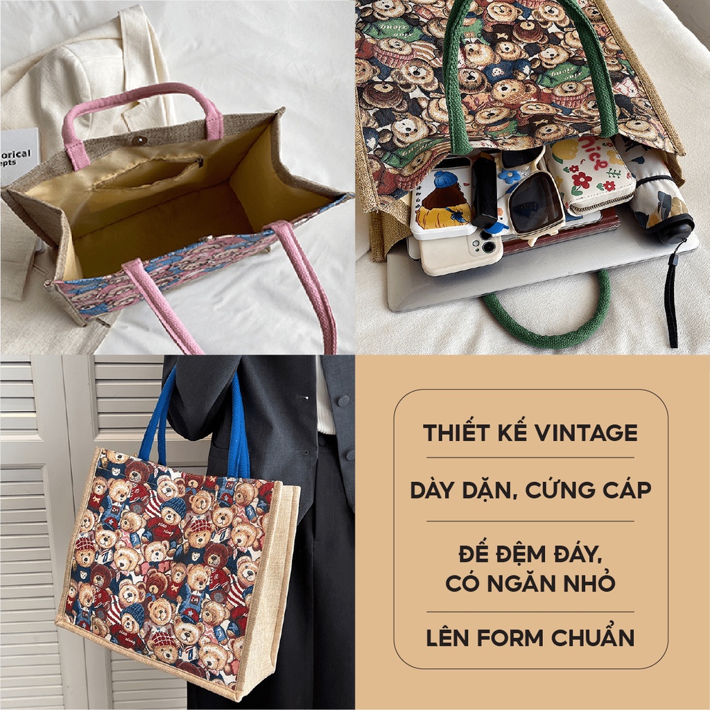 Túi Cói Đi Biển Họa Tiết Gấu Dễ Thương Jussy Fashion Kiểu Túi Tote Vải Canvas Túi Vải Size To Đi Biển, Du Lịch Hot Trend