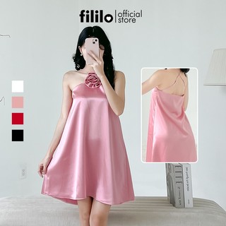 FILILO Váy Ngắn Babydoll Cổ Yếm Đính Hoa Hồng Flowi Dress Vải Lụa Form chuẩn Thiết kế Cao cấp