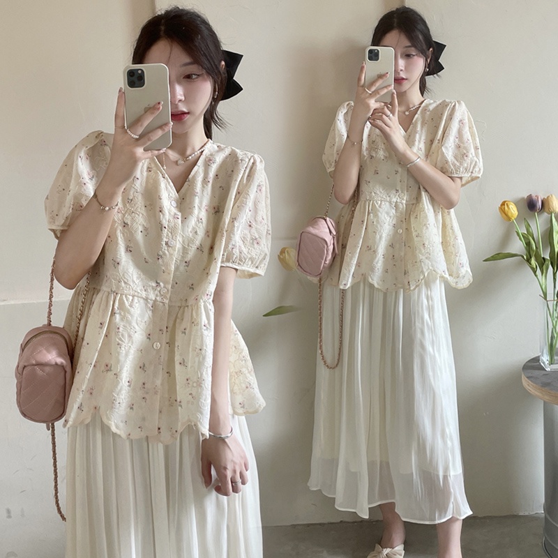 Set Áo Hoa Tay Phồng Cổ Chữ V + Chân Váy Lưng Cao Thời Trang Cho Mẹ Bầu