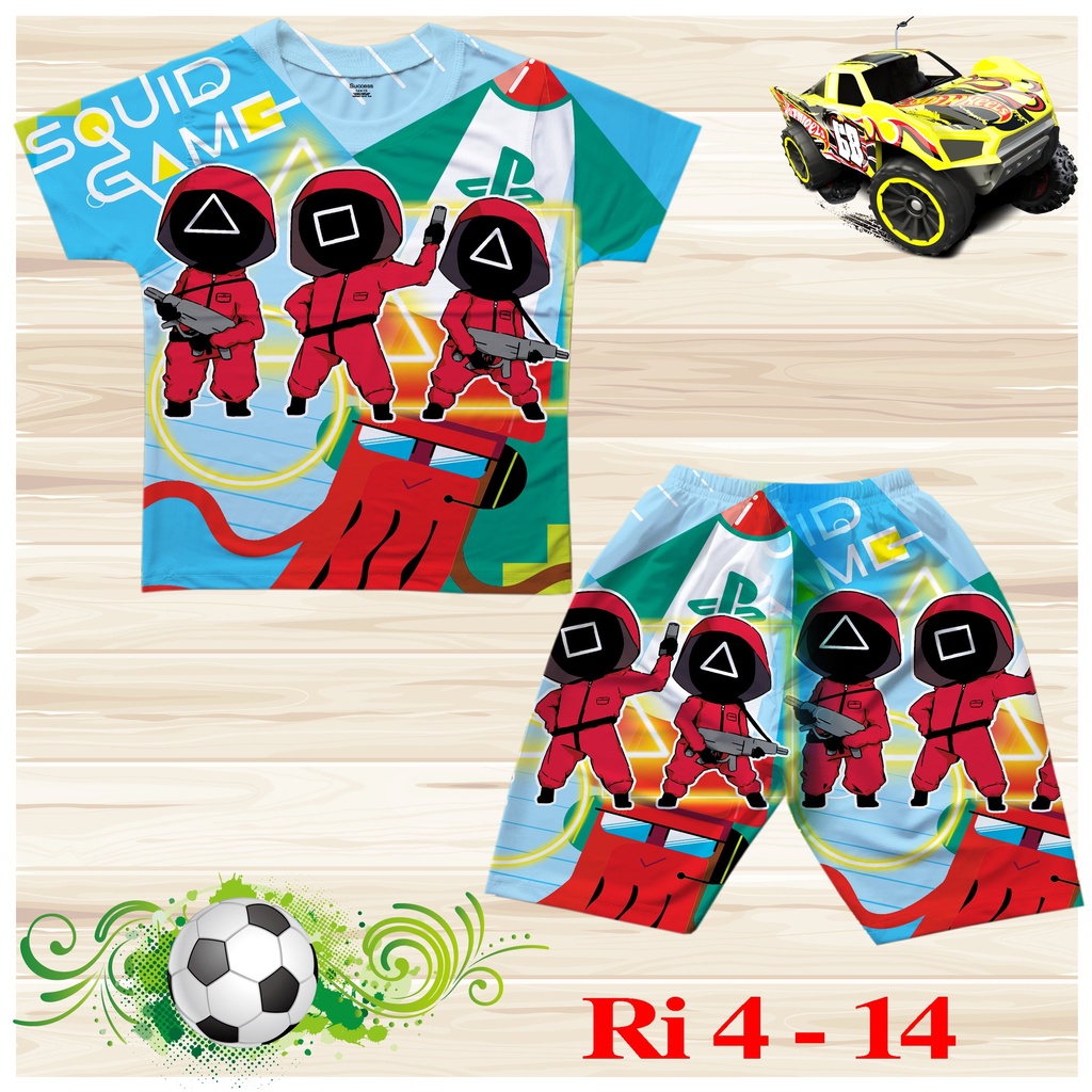 Đồ bộ cộc tay cho bé trai hình Squid game Trò chơi con mực size 18-36kg chất thun lạnh thái mềm mát