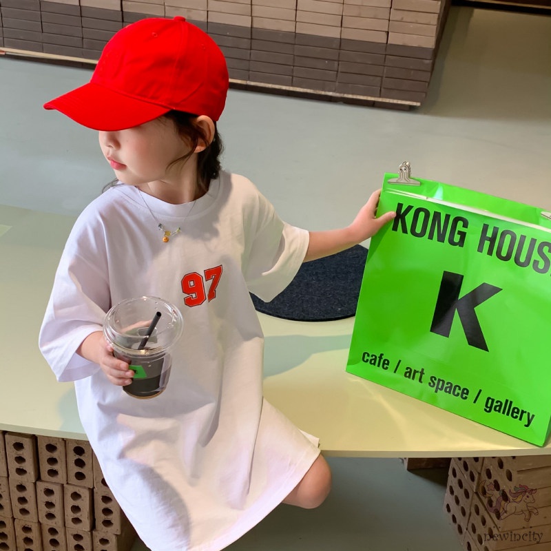 Đầm Thun Tay Ngắn In Chữ Phong Cách Hàn Quốc Thời Trang Mùa Hè Cho Bé Gái