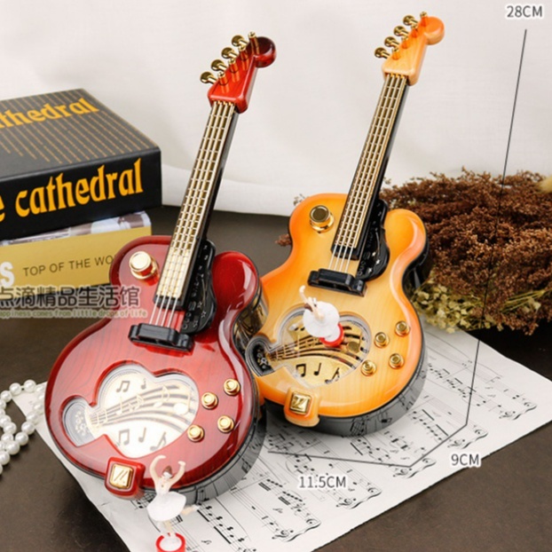 [Hàng sẵn] Đàn Guitar Retro Kiêm Hộp Nhạc Cô Gái Nhảy Múa, Đồ Chơi Âm Nhạc Vũ Công Nhảy Múa Trên Guitar