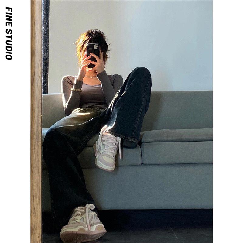 Fine STUDIO Quần Jean Ống Rộng Cạp Cao Dáng Suông Phong Cách Retro Mùa Thu Mỹ Hợp Thời Trang Cho Nữ