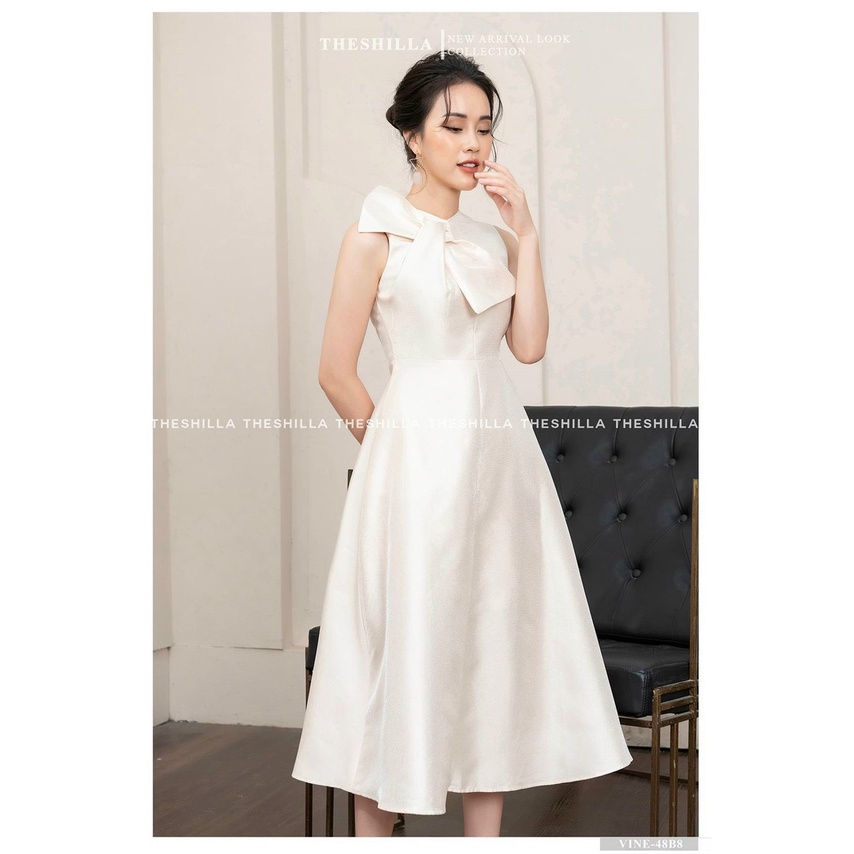 Đầm váy nữ dự tiệc tafta xòe phối nơ sang chảnh , đầm tay cộc đính nơ cổ màu trắng tinh khôi
