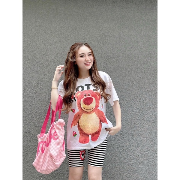 Set áo cotton gấu dâu hình in to quần gân ngố in gấu đáng yêu - HN Closet