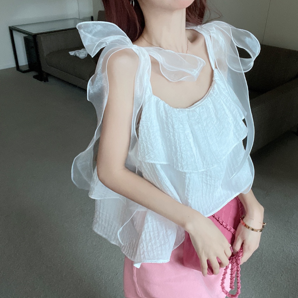 Áo Voan Hai Dây Phối Nơ Phong Cách Pháp Ngọt Ngào Thời Trang Mùa Hè Dành Cho Nữ