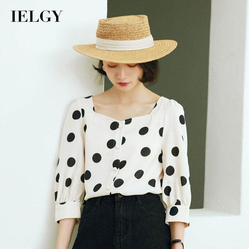 IELGY   IELGY  Áo Sơ Mi chiffon Cổ Vuông Tay Lửng Họa Tiết Chấm Bi Màu Sắc Tương Phản Phong Cách Hàn Quốc Dành Cho Nữ