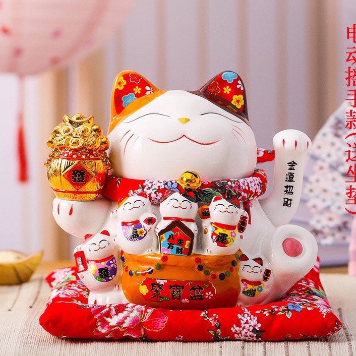 Mèo thần tài gốm sứ Gosu Cao Cấp ( Kèm đệm đỏ) Hàng Chuẩn Công Ty