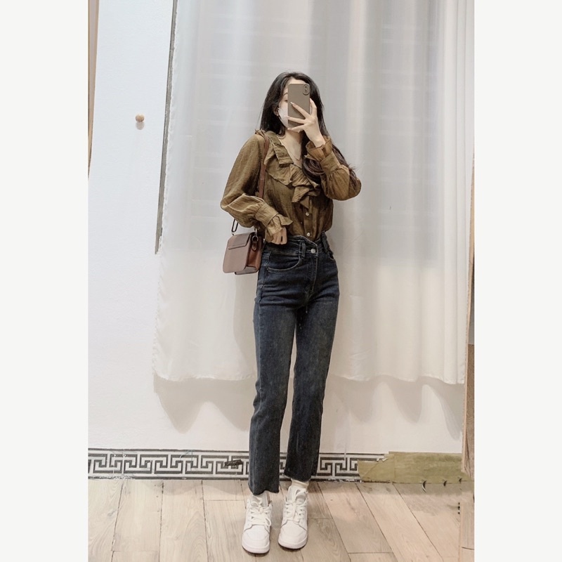 Áo sơ mi nữ croptop voan lụa cổ bèo form vừa 2 màu nâu kem phong cách Hàn Quốc 1613 Kozoda SM100